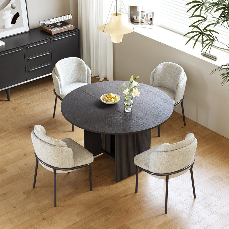 Table de salle à manger ronde extensible avec 2 chaises, gris noir, petit espace, 3 pièces: table, 2 chaises