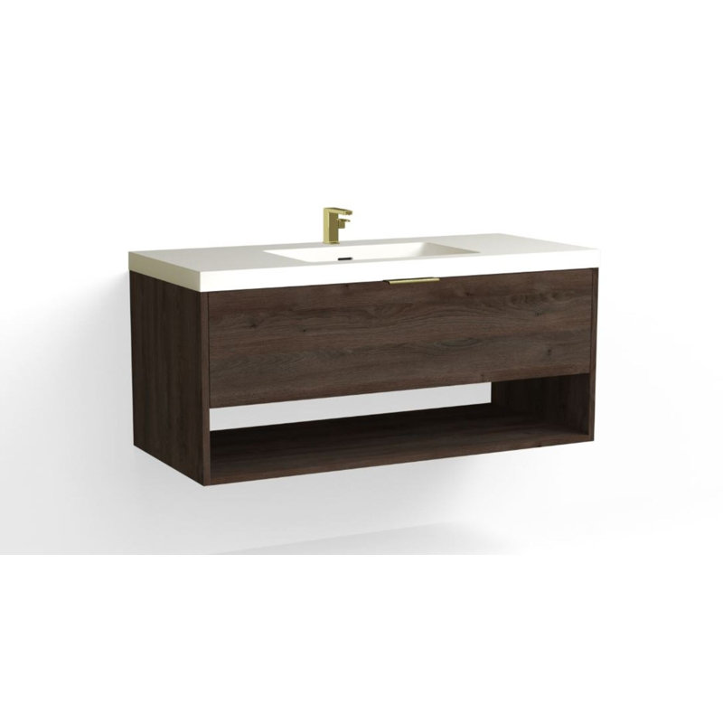 Modo 48" W Wall Mounted Single Bathroom Vanity, Glossy White/Single, White Acrylic, Satin Brass