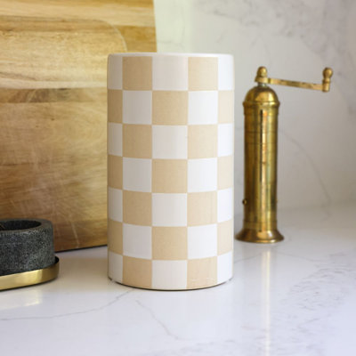 8.5" H BEIGE CHECKER Ceramic Vase 4.875*4.875*8.5