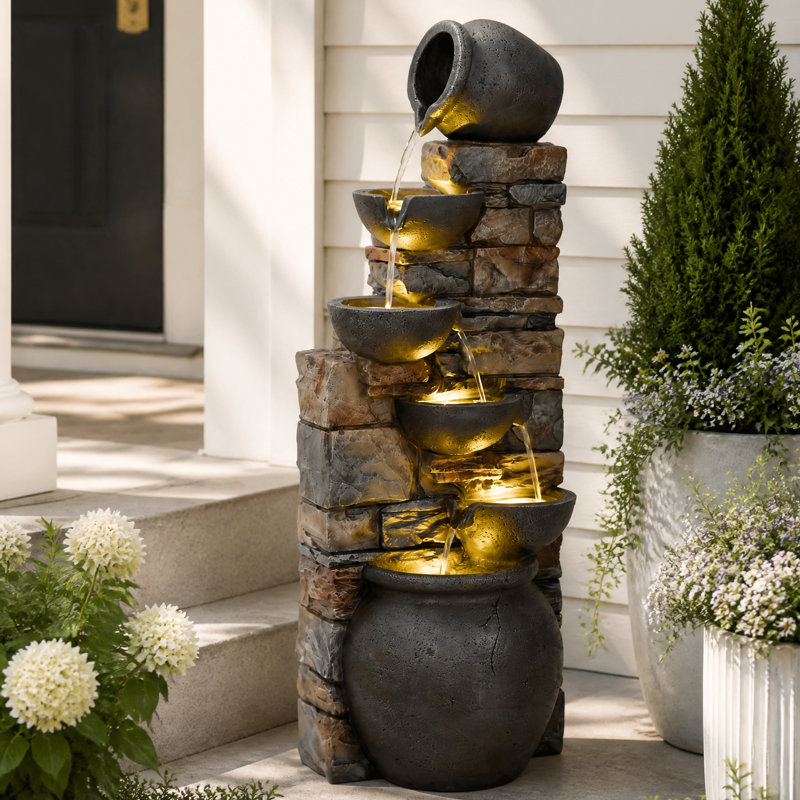  45" 5-Tier Cascading Stacked Stones & Clay Pot Weather Resistant Outdoor Water Fountain with LED Lights Grey, Gray