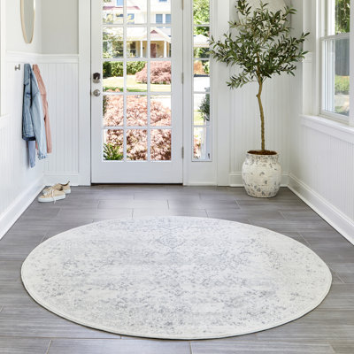 Tapis de couloir à motif de médaillon pour le salon, la chambre à coucher, la salle à manger, le vestibule, le couloir ou la cuisine Almirka, ivoire / gris