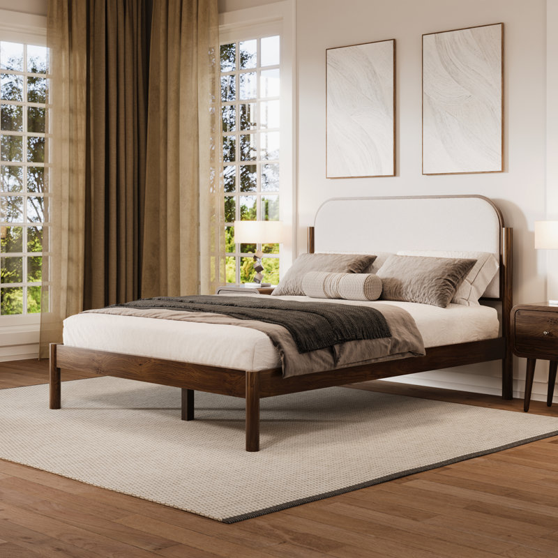 Ardin Solid Wood Bed with Boucle Headboard, Walnut, Queen