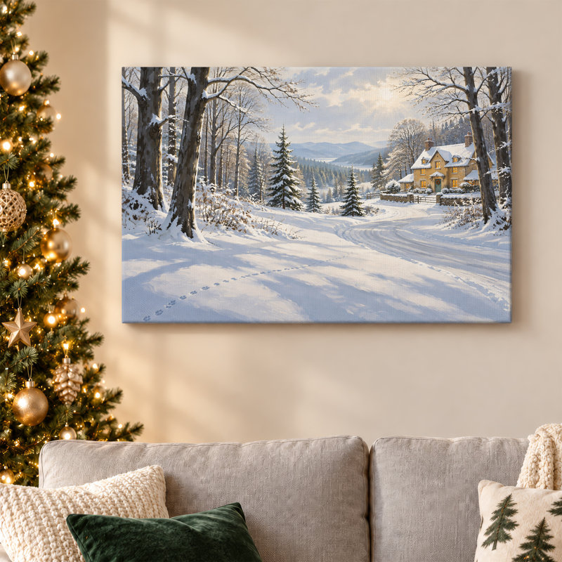 " Snowy Cottage in Sunlit Mountain Forest Christmas " Painting, H 12 po x l 18 po