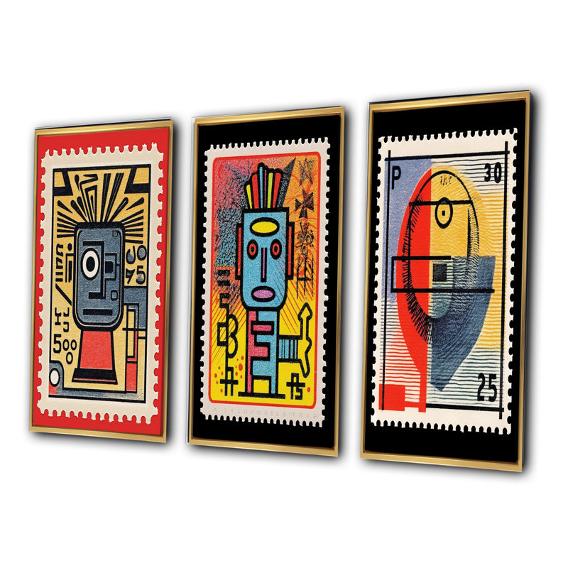 Retro Stamp Tribute To Keith I - Transitional Art Set Of 3 Pieces, Encadrement doré, H 40 po x l 60 po