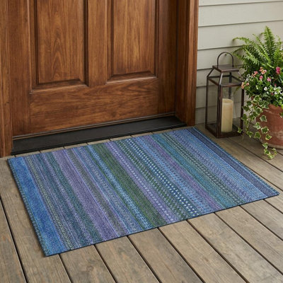 Tapis extérieur lavable antidérapant à rayures bleues et vertes 2 pi x 3 pi