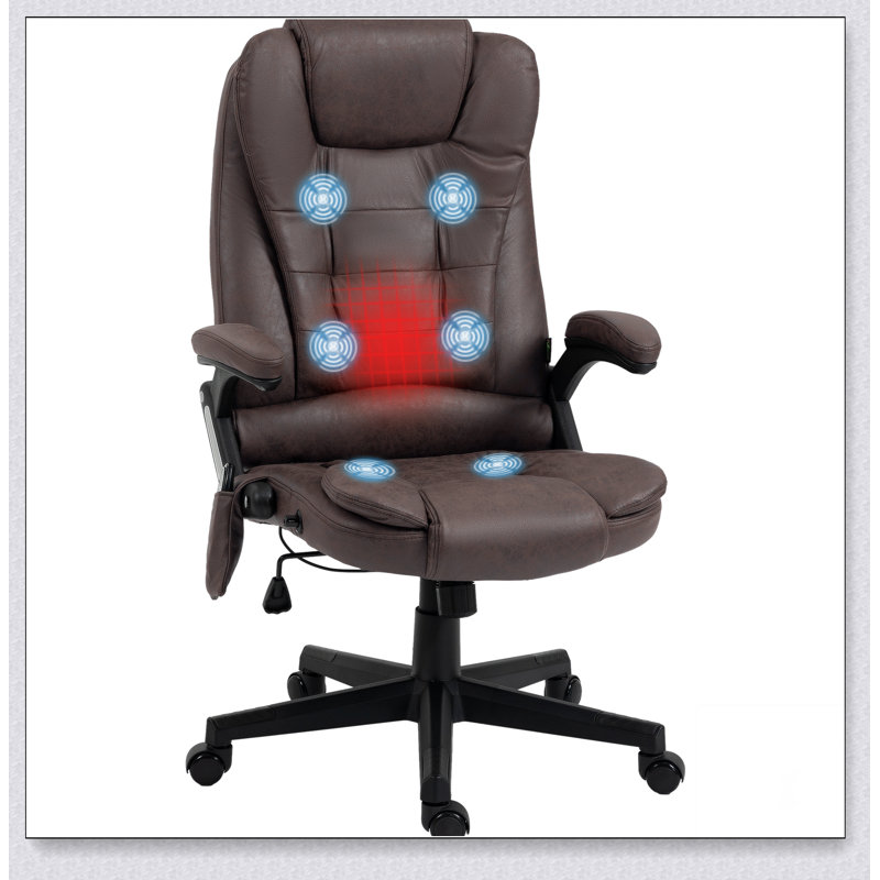 Fauteuil de bureau à 6 points de massage vibrant avec chaleur, fauteuil de direction à haut dossier en microfibre avec dossier inclinable, accoudoirs rembourrés et télécommande, café