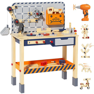 Wooden Kids Tool Bench with Electric Toy Drill, Adjustable Height Workbench, Pretend Construction Tool Set with Crane & Storage, ASTM Certified STEM Toy for Boys & Girls Ages 3+