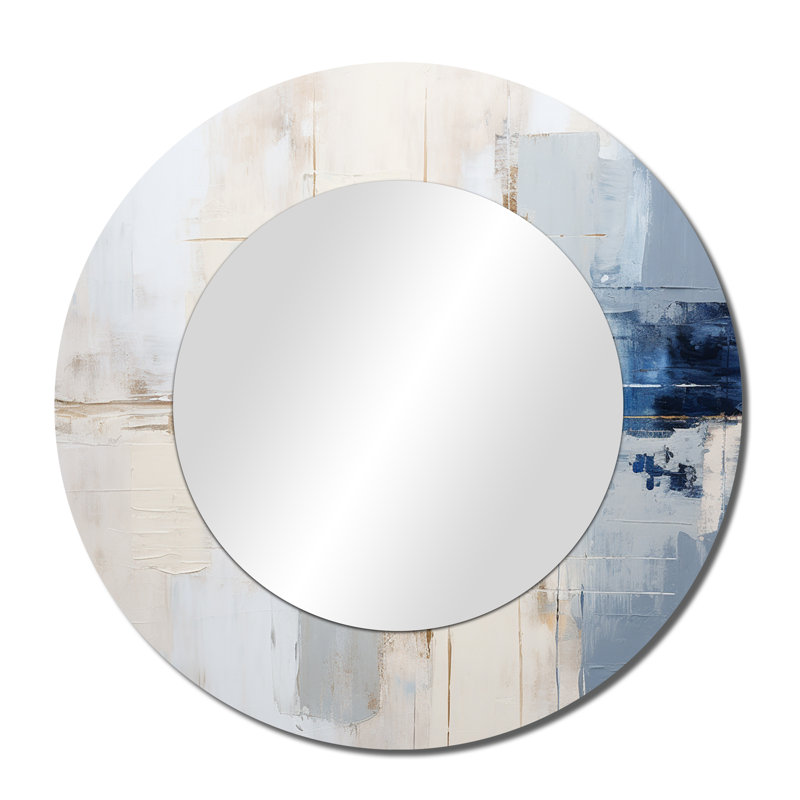 Serach White And Blue Paint Fusion - Abstract Painting Mirror, Beige Round Decorative Wall Mirror, Printed Metal Art