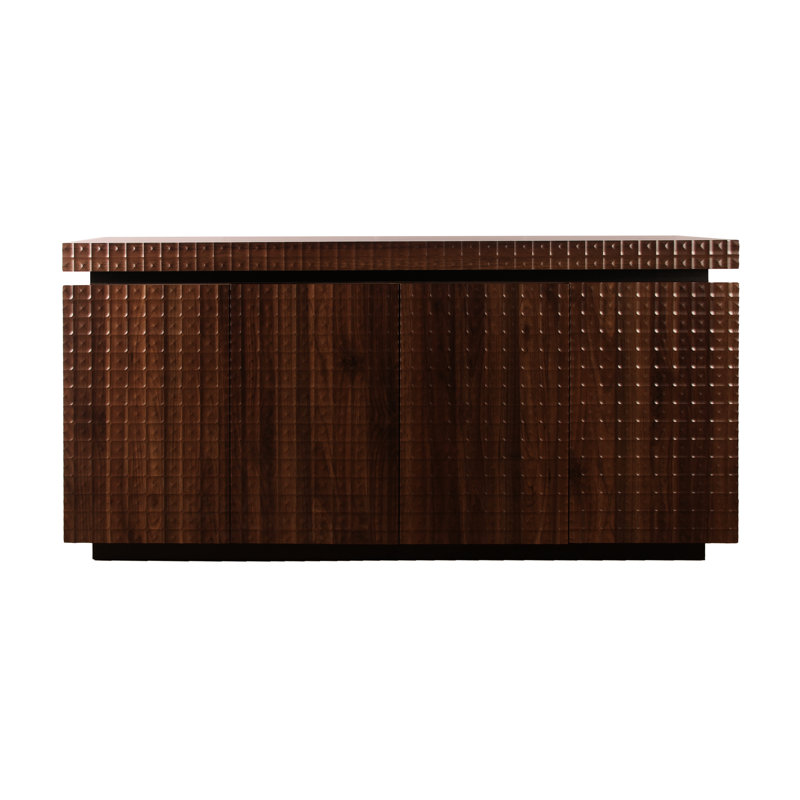 Buffet brun à 4 portes avec tablettes à plusieurs niveaux, portes pliantes et finition texturée pour le couloir du salon, rangement moderne à double usage de 58,3 po de largeur, esthétique contemporaine