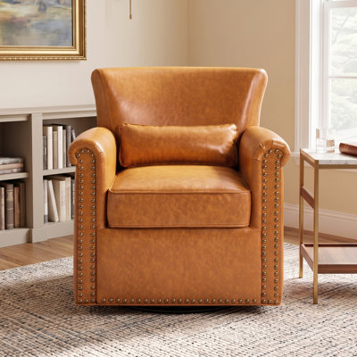 Fauteuil club pivotant à 360 ° en polyuréthane avec accoudoirs roulés, dossier rembourré et base cloutée en métal pour le salon, la chambre à coucher et le coin lecture, jaune