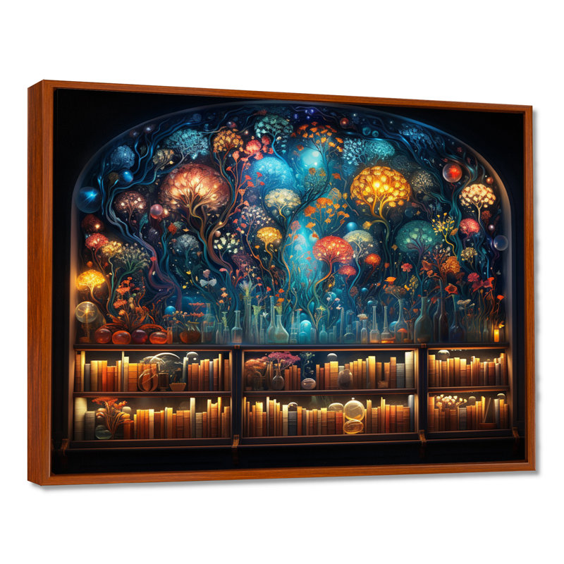 Fleurs de la sagesse, bibliothèque Akashic - bibliothèque, art mural, Toile avec cadre flottant brun