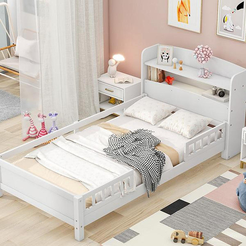 Lit plateforme simple en bois avec éclairage à DEL intégré, tête de lit avec rangement et garde-corps, Blanc