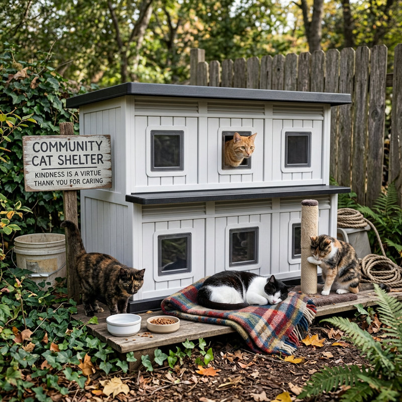 Abri pour chat extérieur en résine résistant aux intempéries à deux étages avec plateforme, Blanc/Noir