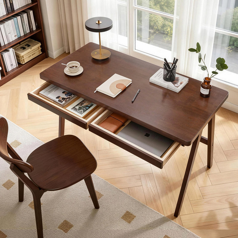Bureau d'ordinateur 100% bois d'hévéa massif, bureau d'écriture rétro en noyer avec tiroir, structure en A robuste, 39,37 po x 21,62 po, table d'étude de bureau à domicile très épaisse de 1,38 po
