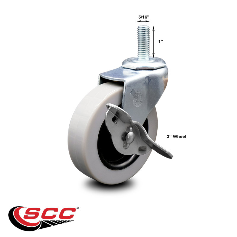 3 Inch Polyurethane Wheel 5/16 Inch Threaded Stem Caster with Brake SCC