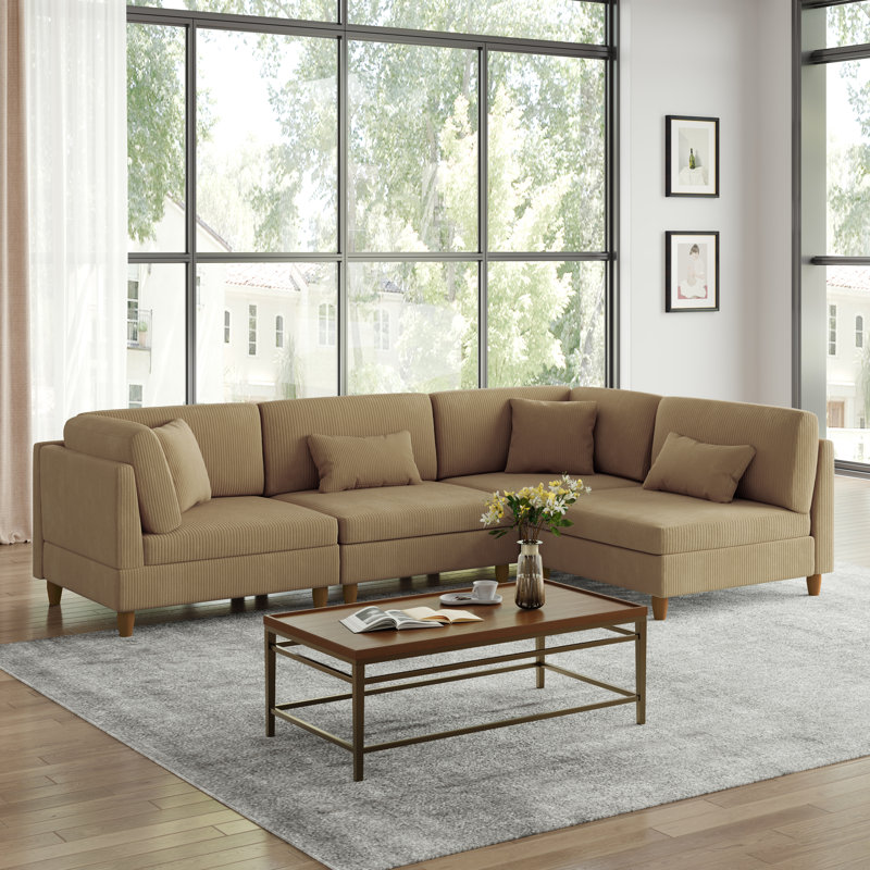 Seemab 4 - Piece Upholstered Camel Corduroy Modular Sectional with Pillow Back and Solid Wood Legs, Camel