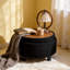 Pouf de rangement rond capitonné en bouclette noire avec compartiment de rangement, siège capitonné et plateau en MDF imperméable intégré au couvercle