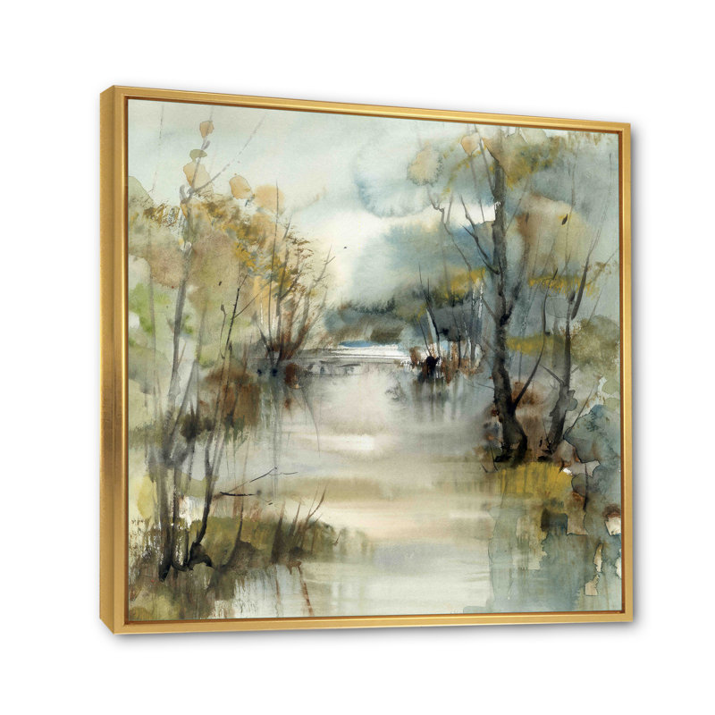 Illustration de paysage de rivière d'hiver - sur, H 36 po x l 36 po, Cadre flottant, Doré