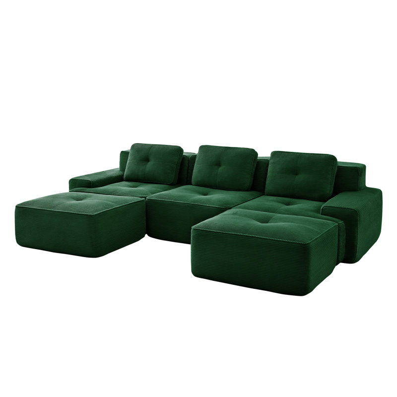 Modern U-Shaped Modular Sofa, Compression Corduroy Fabric & No Assembly, Green