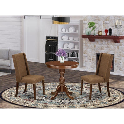 3 Piece Dining Room Furniture Set Contains a Round Dining Table with Pedestal and 2 Brown Linen Linen Fabric Upholstered Chairs, 30x30 Inch, Mahogany