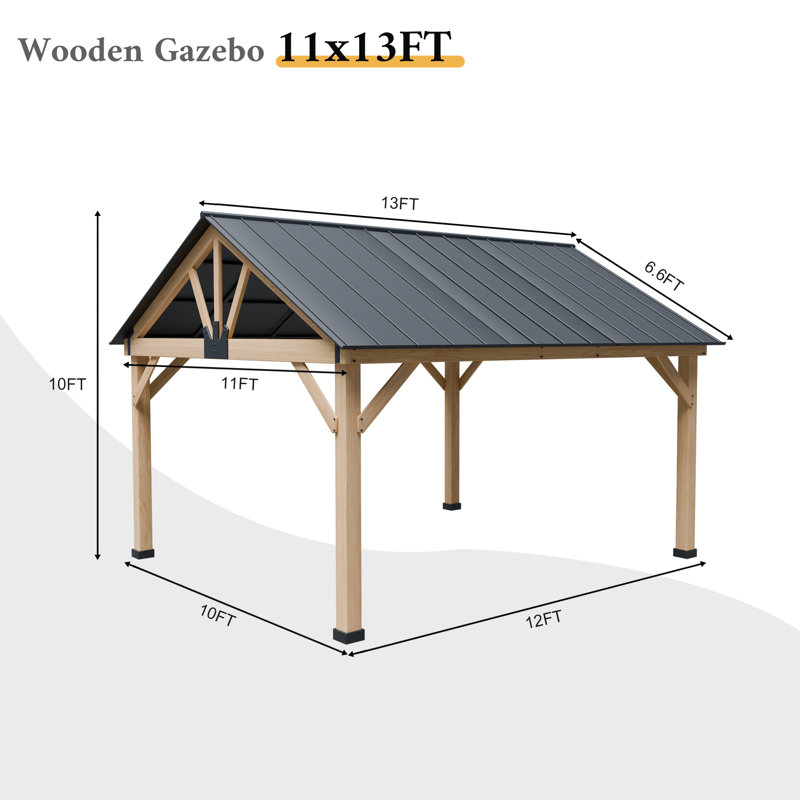 13 ft. x 11 ft. Cedar Wood Patio Gazebo with Black Steel Roof