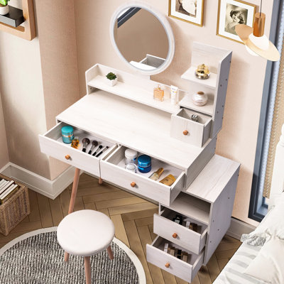 Élégante coiffeuse avec tabouret rembourré et miroir à DEL à commande tactile - Armoire de rangement de grande capacité, 5 tiroirs, meubles de maquillage tendance, longueur réglable (L 31,5 po à 43,2 po x