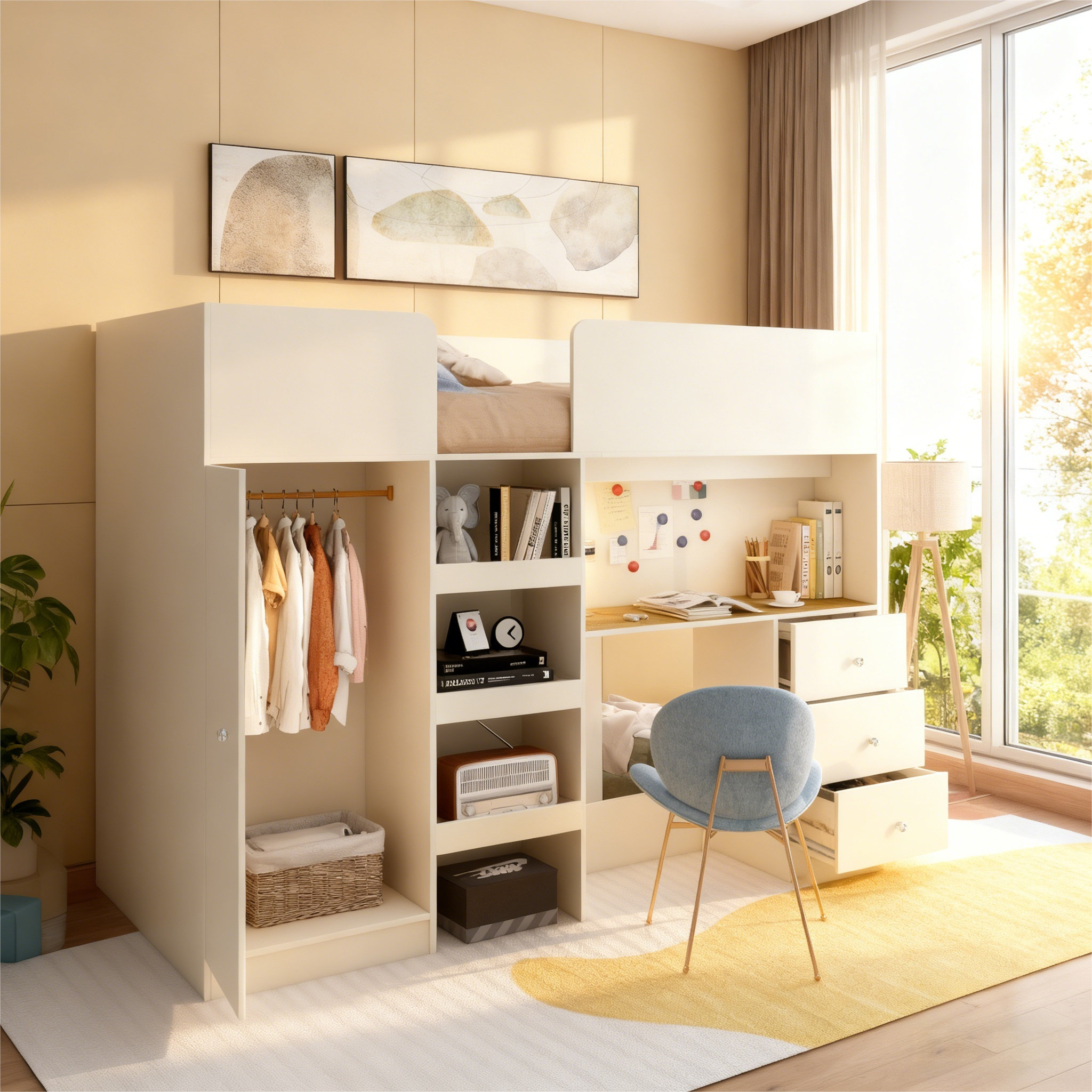 Latitude Run® Wood Full Size Loft Bed with Built-In Wardrobe, Desk, Storage  Shelves \u0026 Drawers | Wayfair, image size:2048x2048