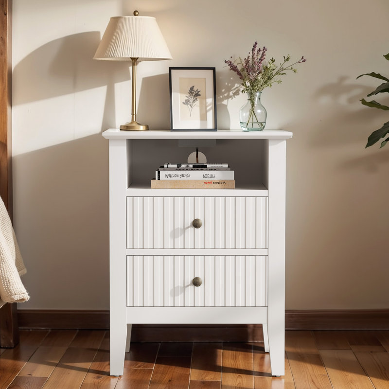 Modern Fluted Nightstand With Charging Station And 2 Drawers, Individual