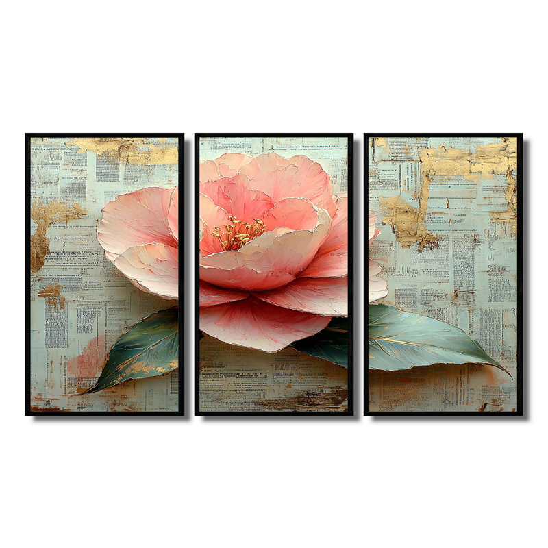 Ensemble de salon rose et doré Camellia Winter I - Camellia Wall Art, Toile avec cadre flottant noir
