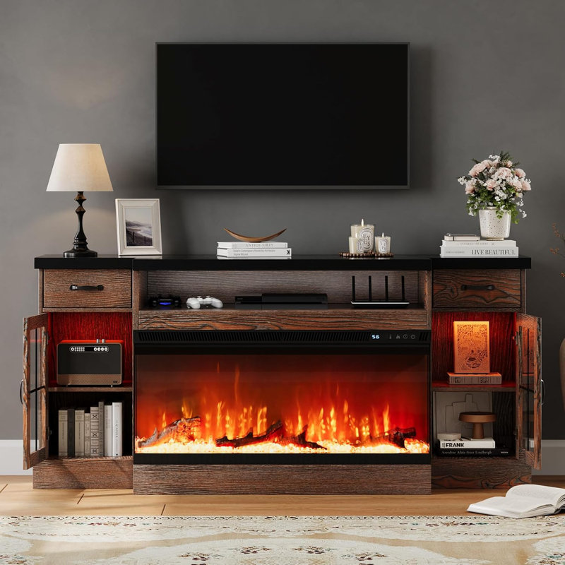 Fireplace TV Stand With Glass Doors, Fireplace TV Stand With 40" Electric Fireplace For 80" TV, 70" Entertainment Center With Adjustable Storage Cabinets, LED Lights, TV Stands For Living Room
