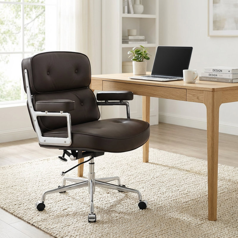 Genuine Leather Office Chair, Brown/Silver
