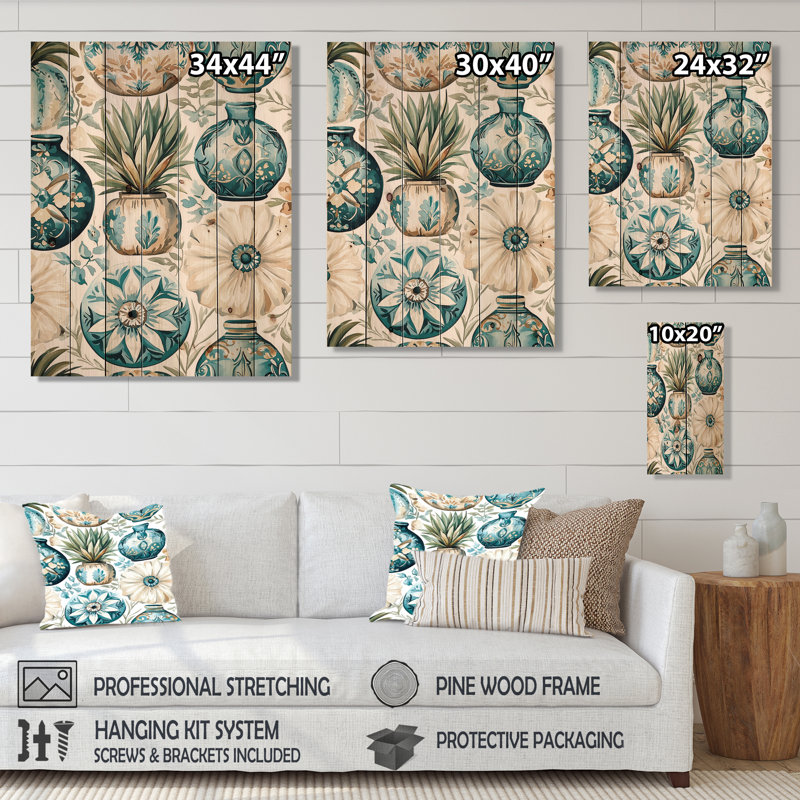 Poterie verte et blanche III - Global Wall, décoration murale sur bois de pin naturel, H 32 po x l 24 po