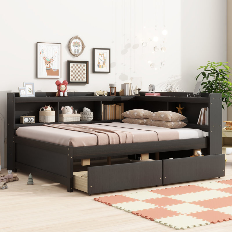 L-shaped Bookcases Bed with Power Outlets, USB Charging Ports,Two Drawers, Full/Double, Espresso