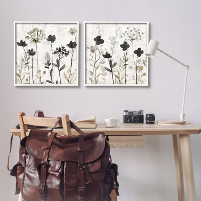 A2-564-Giclee " Neutral Flower Hues Rustic Boho " 2 - Pieces