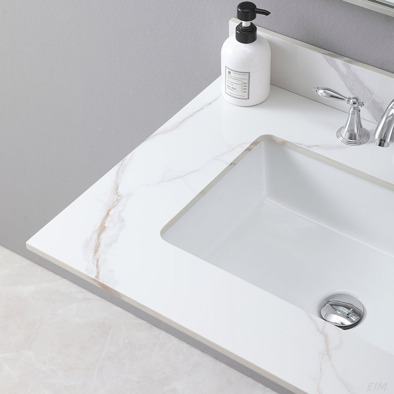 Dessus de meuble-lavabo de 31 pouces en pierre de Carrare avec comptoir de style nouveau avec lavabo rectangulaire encastré en céramique et dosseret avec 3 trous de robinet pour l'armoire de salle de bain