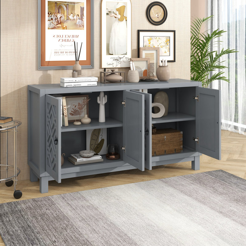 Cedrina Large Storage Space Sideboard, 4 Door Buffet Cabinet with Pull Ring Handlest,Office Credenza, Gray