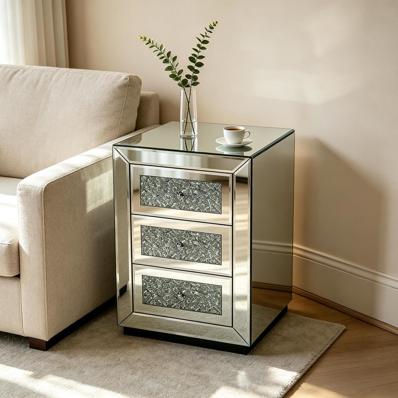Table de chevet à 3 tiroirs avec miroir et table de chevet en verre, argent