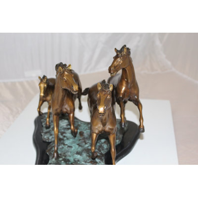 Four Horses Running Large Bronze Statue, Atilia Weather Resistant Stunning Sculpture, 20"Lx14"Wx12"H