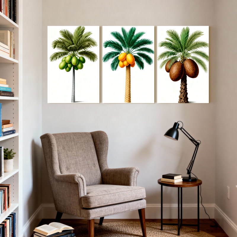 Palmiers, palmiers, noix de coco, motif tropical, ensemble de 3 impressions sur toile, H 24 po x l 48 po