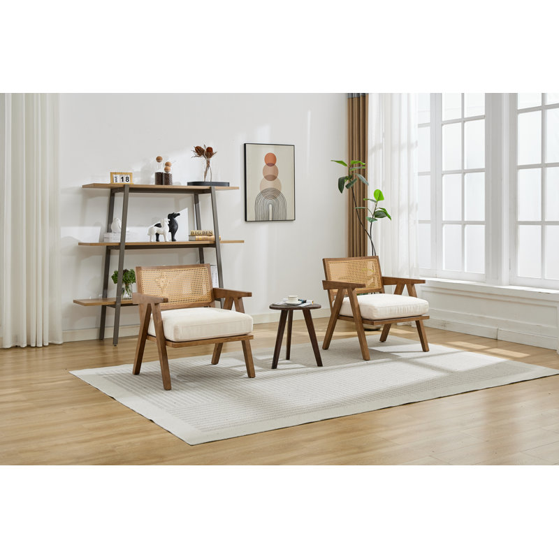 Upholstered Armchair, White Linen, Dark Brown Wood