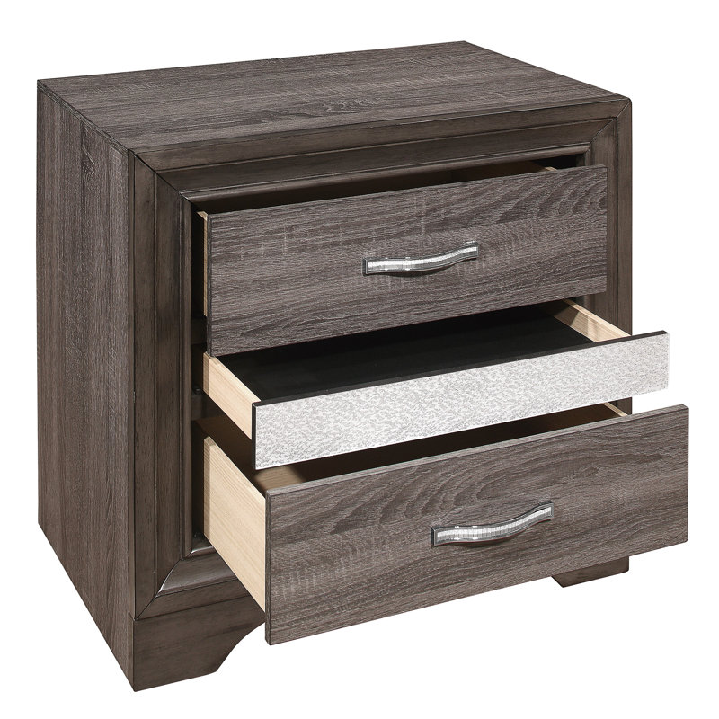Table de chevet moderne avec boîte à bijoux dissimulée - paillettes grises et argentées, 3 tiroirs, sans assemblage, meubles de chambre à coucher glamour 26 po x 16,5 po x 26 po, support caché, assemblage requis