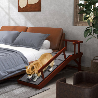 49" Long Dog Ramp For Various Sizes Dogs, Brown - Non-Slip Carpet, Removable Guardrails, 66 Lbs Load Medium Non-Slip, Capacity, Pine