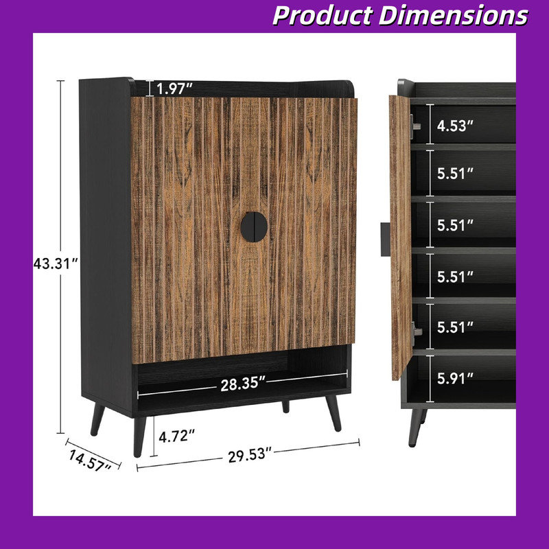 29.6" Wooden Shoe Storage Cabinet With Doors 7-Tier Adjustable Shelves Metal Legs & Handles, Black/Brown