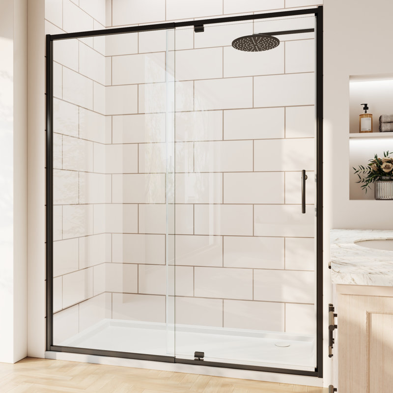 Privdr Ajustement de la largeur de la porte de douche pivotante avec cadre pivotant de 56 à 60 po x H 71 po sans découpe en verre trempé transparent de 1/4 po