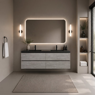 Meuble-lavabo mural de 60 po avec comptoir en quartz et double lavabo, armoire gris ciment, 4 tiroirs