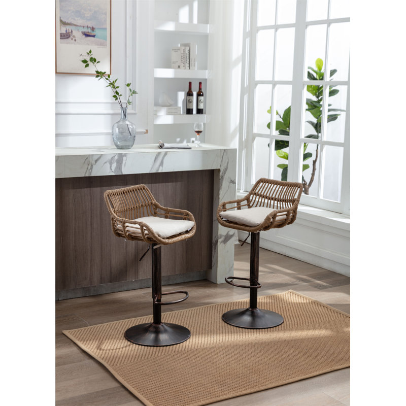Modern Swivel Bar Stools Set Of 2 Adjustable Counter Height Chairs With Footrest For Kitchen, Dining Room, Beige
