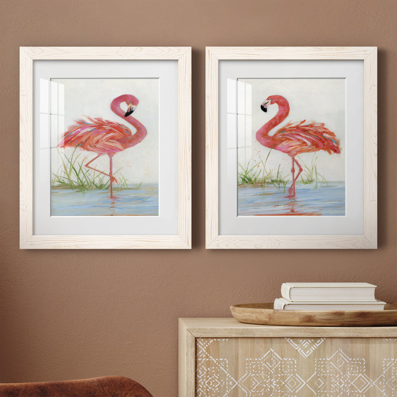 Flamingo I - ensemble de 2 peintures, H 20 po x l 34 po, Papier dans un cadre photo, Blanc