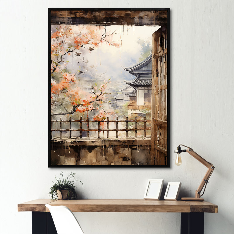 «Beige Window To Osaka II», art mural grand Osaka, H 44 po x l 34 po x P 1,5 po, Cadre flottant noir