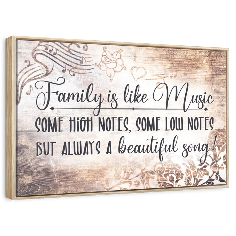 Family Is Like Music, typographie, Cadre flottant en bois naturel, 46 po x 31 po