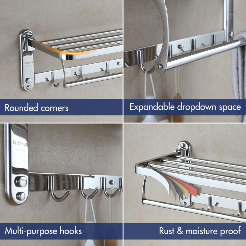 Eridanus Wall-Hung Towel Rack with Hooks and Shelf - Chrome (60 cm)